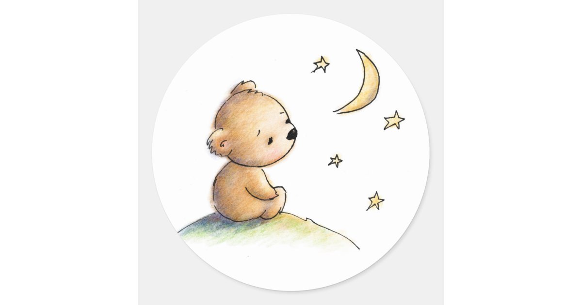 Drawing of cute teddy bear watching the star classic round sticker | Zazzle