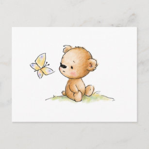 Drawing of cute teddy bear with butterfly postcard