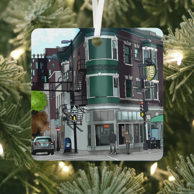 Drawing of Downtown Madison, Wisconsin Christmas Metal Ornament (Insitu)