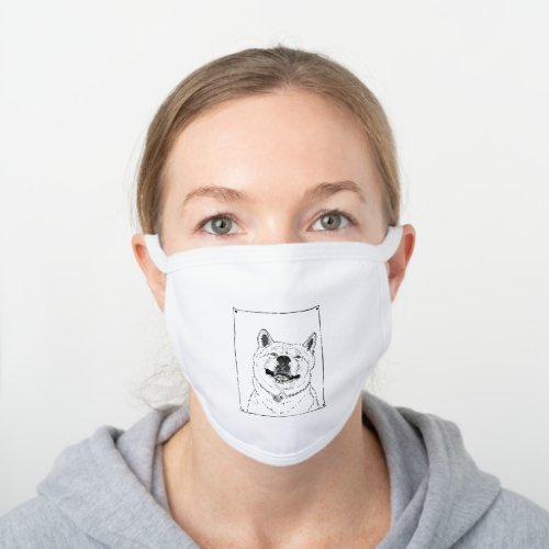drawing of funny cute akita smiling dog white cotton face mask
