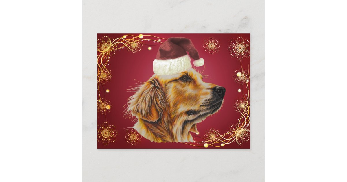 Drawing Of Golden Retriever With Santa Hat Holiday Postcard Zazzle Com