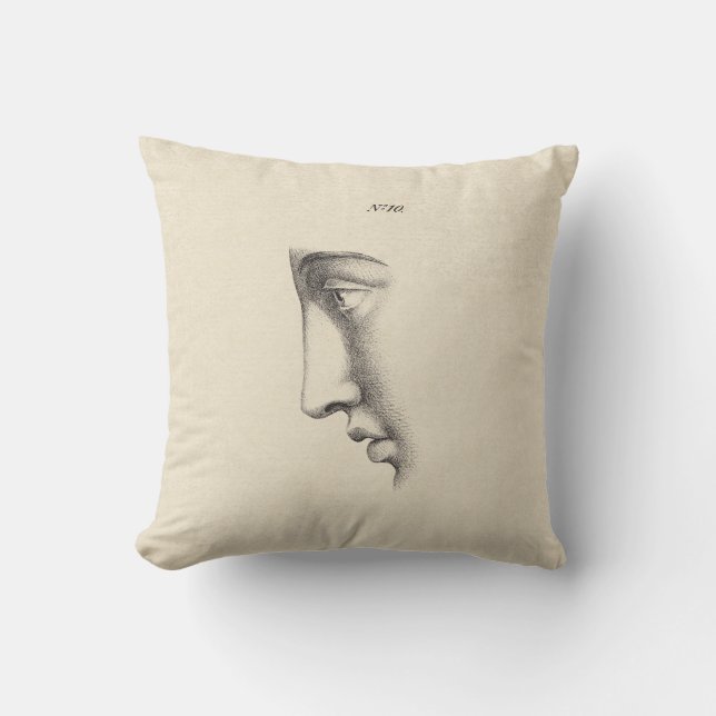 Drawing of Handsome Man's Face Antique French Throw Pillow (Front)