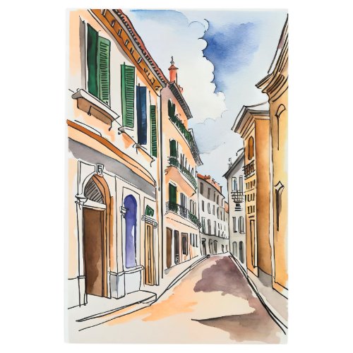 drawing of italian town street with buildings metal print