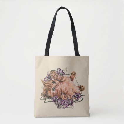 Drawing of Kitten as Cat with Lilies on Tote