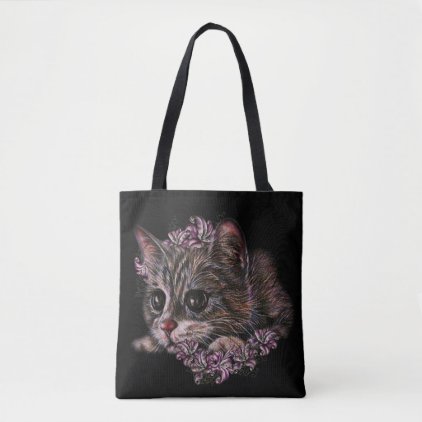 Drawing of Kitten as Cat with Lilies on Tote