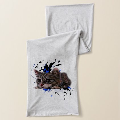 Drawing of Kitten as Cat with Paint Art Scarf