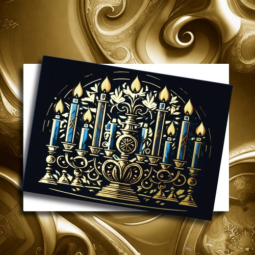 Drawing of Menorah Hanukkah Gold Blue Foil Holiday Card