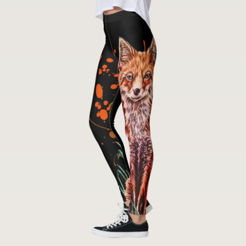 Drawing of Red Fox Animal Art and Orange Paint Leggings