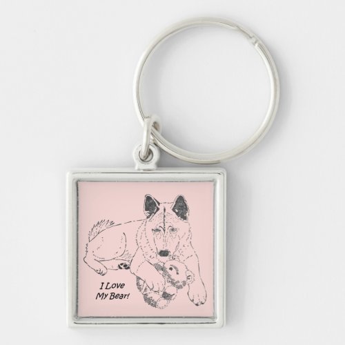 drawing of teddy bear and cute akita dog keychain
