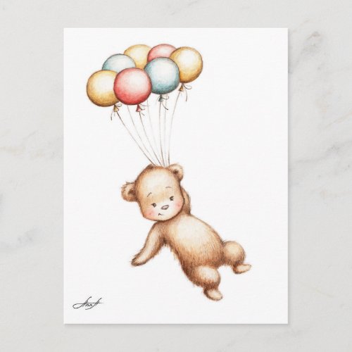 Drawing of Teddy Bear flying with balloons Postcard