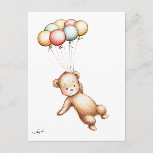 Drawing of Teddy Bear flying with balloons Postcard (Front)