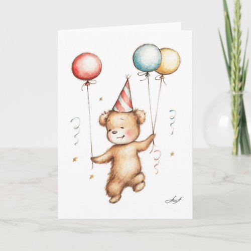 Drawing of Teddy Bear in Birthday Hat with Balloon Card