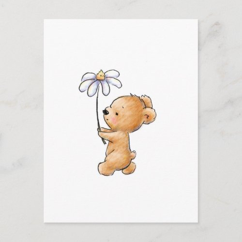 Drawing of teddy bear walking with flower postcard