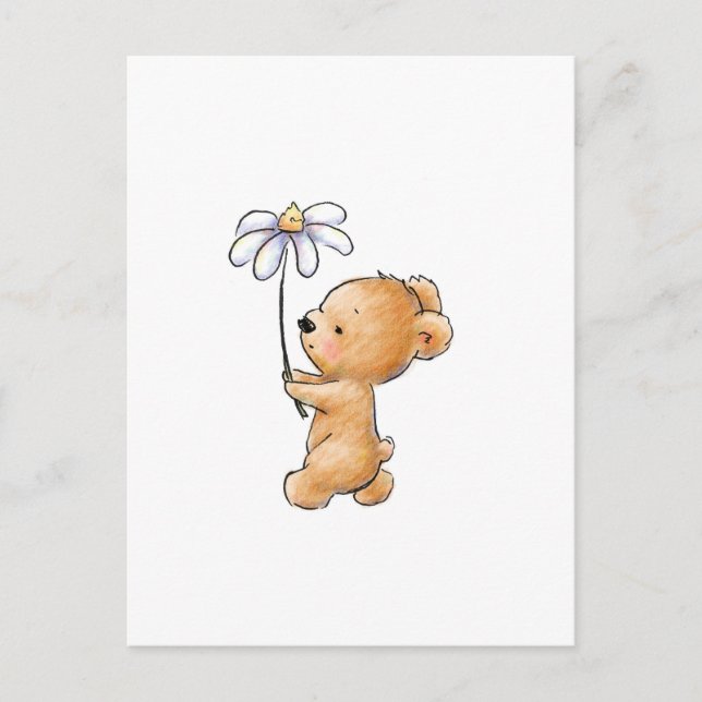 Drawing of teddy bear walking with flower postcard (Front)