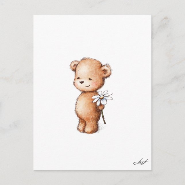 Drawing of teddy bear with daisy postcard (Front)