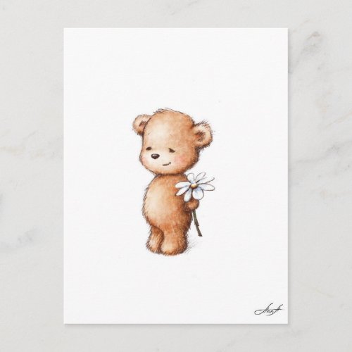 Drawing of teddy bear with daisy postcard