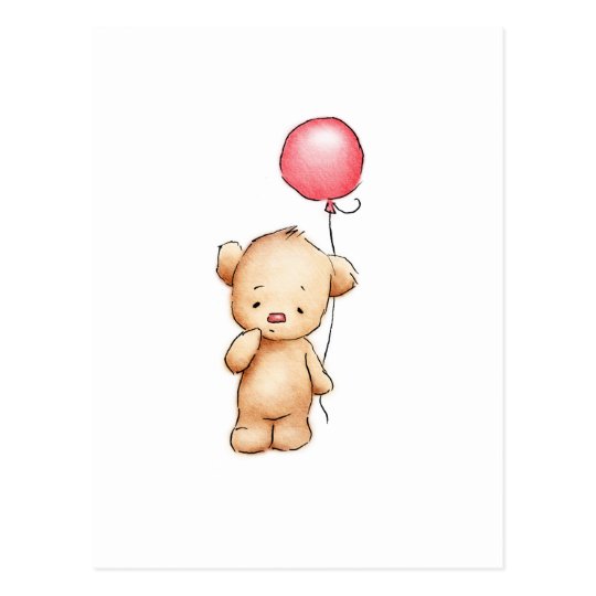 Drawing of teddy bear with red balloon postcard