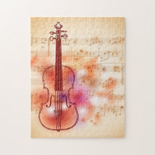 Drawing on watercolor background of violin jigsaw puzzle