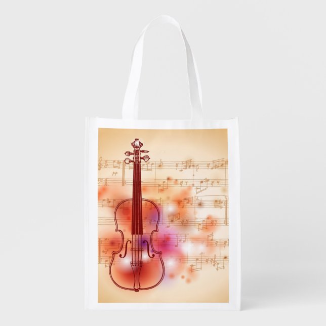 Drawing on watercolor background of violin reusable grocery bag (Front)