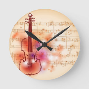 Drawing on watercolor background of violin round clock