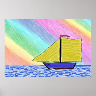 Drawing sailboat in the sea poster