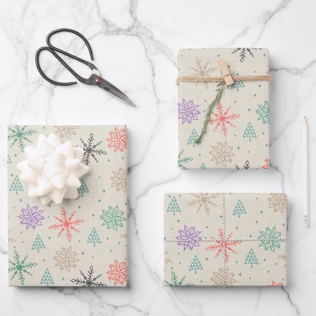 Drawing Snowflakes Christmas Trees Multicolor Snow Wrapping Paper Sheets (Front)