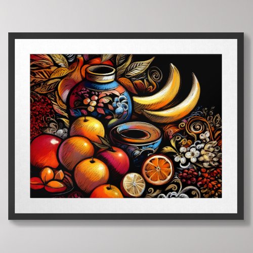 Drawing Stylized Still Life Vase Fruit Poster