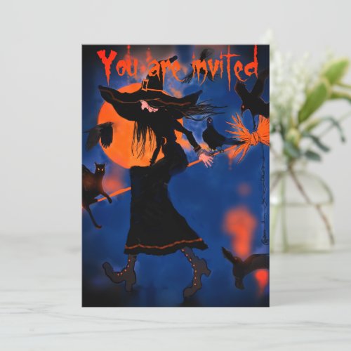 Drawing Witch on Broom with Big Round Moon Invitation