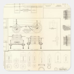 Drawings boats, bridges, wagons, projectiles square sticker