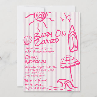 Drawn Baby On Board Surf Summer Girl Baby Shower Invitation