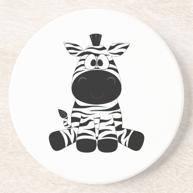 Drawn Black and White Cartoon Zebra sitting Drink Coaster (Front)