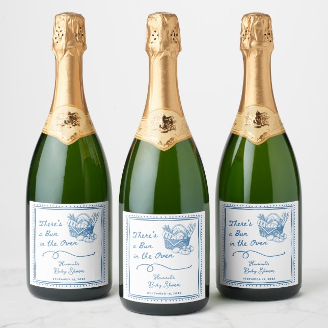 Drawn Blue Bun in the Oven Baby Shower Party Sparkling Wine Label (Bottles)
