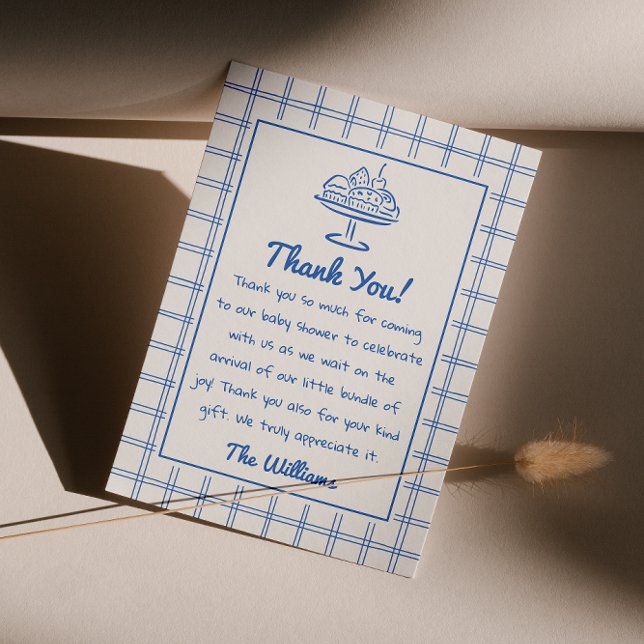 Drawn Blue Silly Goose Gingham Boy Baby Shower Thank You Card (Creator Uploaded)