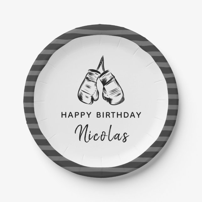 Drawn Boxing Gloves Design Striped Birthday Party  Paper Plates (Front)