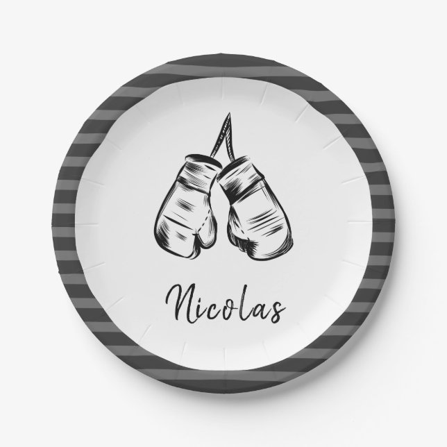 Drawn Boxing Gloves Design Striped Personalized  Paper Plates (Front)