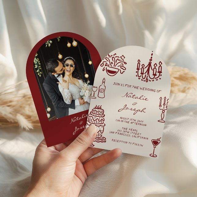 Drawn Burgundy Romantic Photo Arched Wedding Invitation (Creator Uploaded)