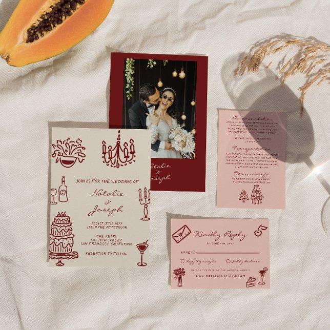 Drawn Burgundy Romantic Whimsical Photo Wedding Invitation (Creator Uploaded)