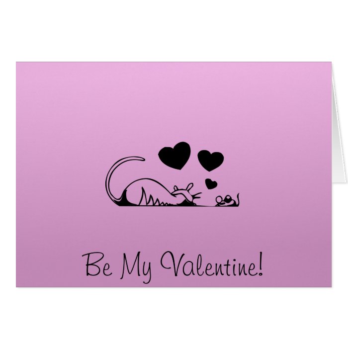 Cat and Mouse in Love, Hearts   Black Pink Greeting Cards