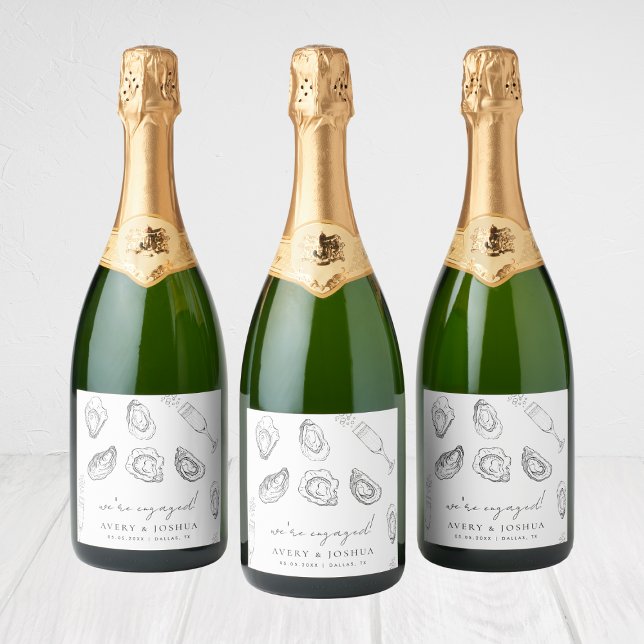 Drawn Champagne & Oysters Roast Engagement Favor Sparkling Wine Label (Creator Uploaded)