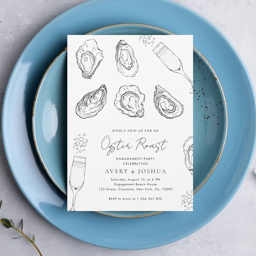 Drawn Champagne  Oysters Roast Engagement Party Invitation