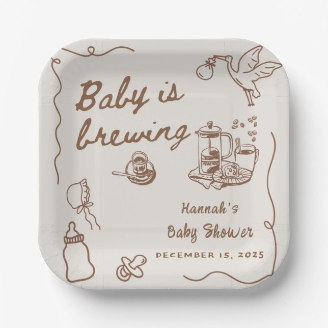 Drawn Coffee Baby is Brewing Baby Shower Paper Plates (Front)