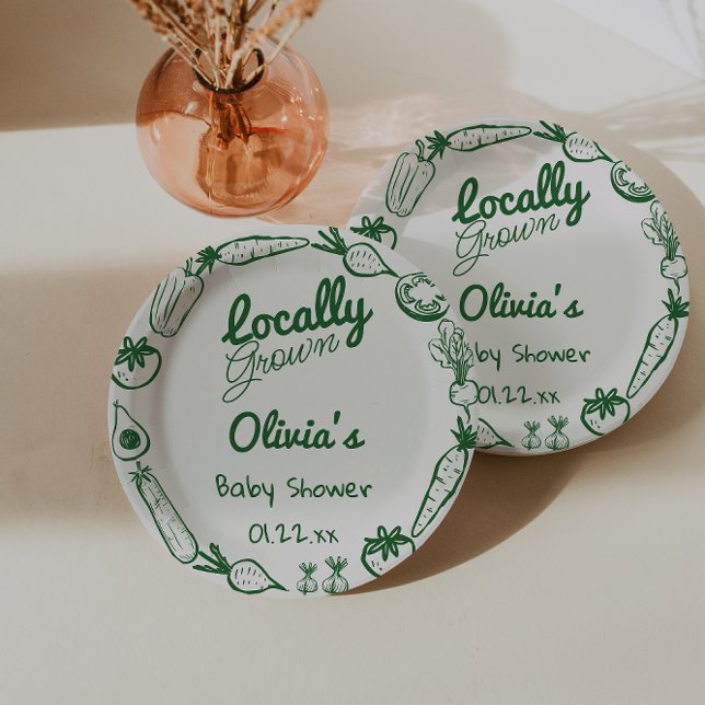 Drawn Green Locally Grown Vegetables Baby Shower Paper Plates (Creator Uploaded)