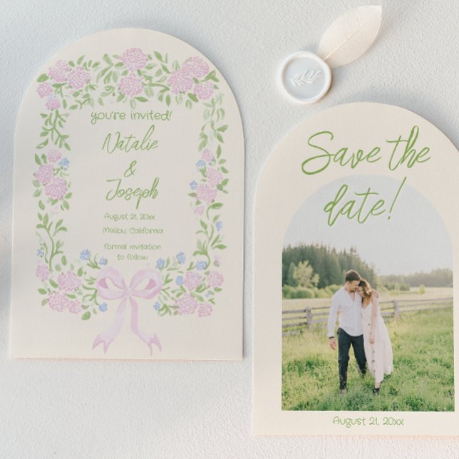 Drawn Green Pink Bow Floral Photo Arched Wedding Save The Date (Creator Uploaded)