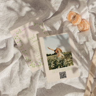  Drawn Green Pink Bow Floral Photo QR Code Wedding Invitation