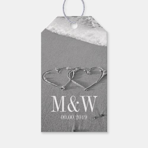 Drawn hearts in sand beach wedding favor gift tags