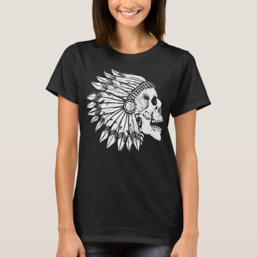 Drawn Indian Skull in Chief Headdress Vintage Retr T_Shirt