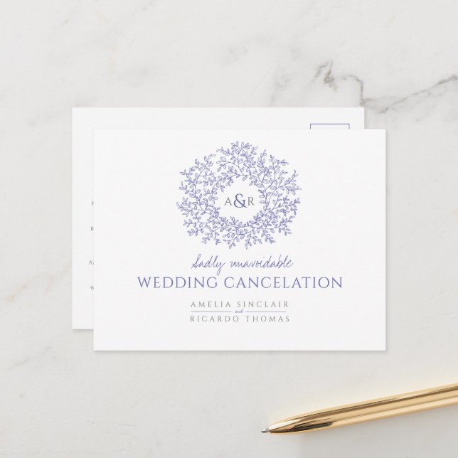 drawn leaf monogram wedding cancelation announcement postcard (Front/Back In Situ)