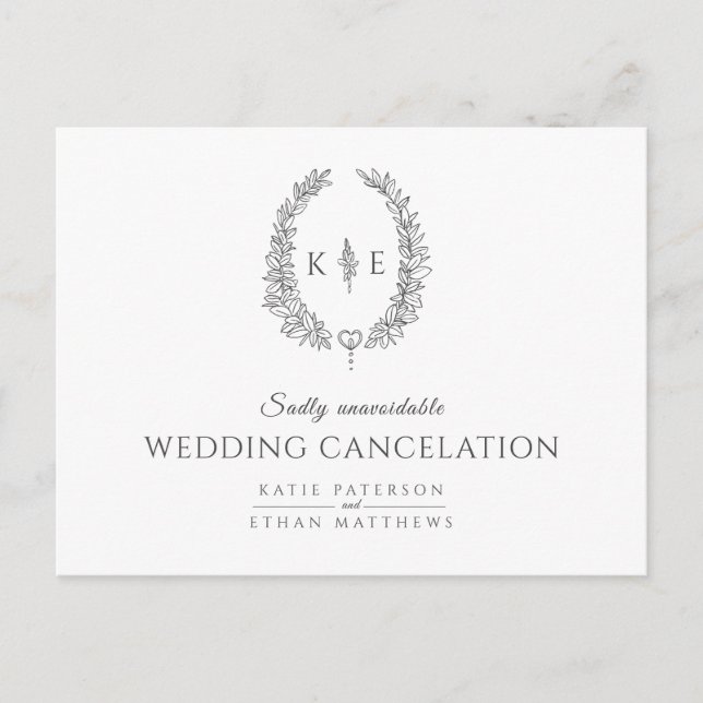 Drawn leaf wreath monogram wedding cancelation announcement postcard (Front)