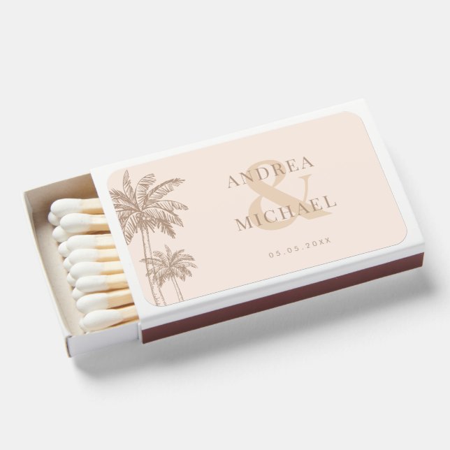 Drawn Palm Tree Beach Destination Wedding Favor Matchboxes (Front Open)