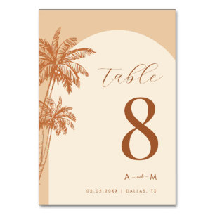 Drawn Palm Tree Warm Ivory Monogram Beach Wedding  Table Number